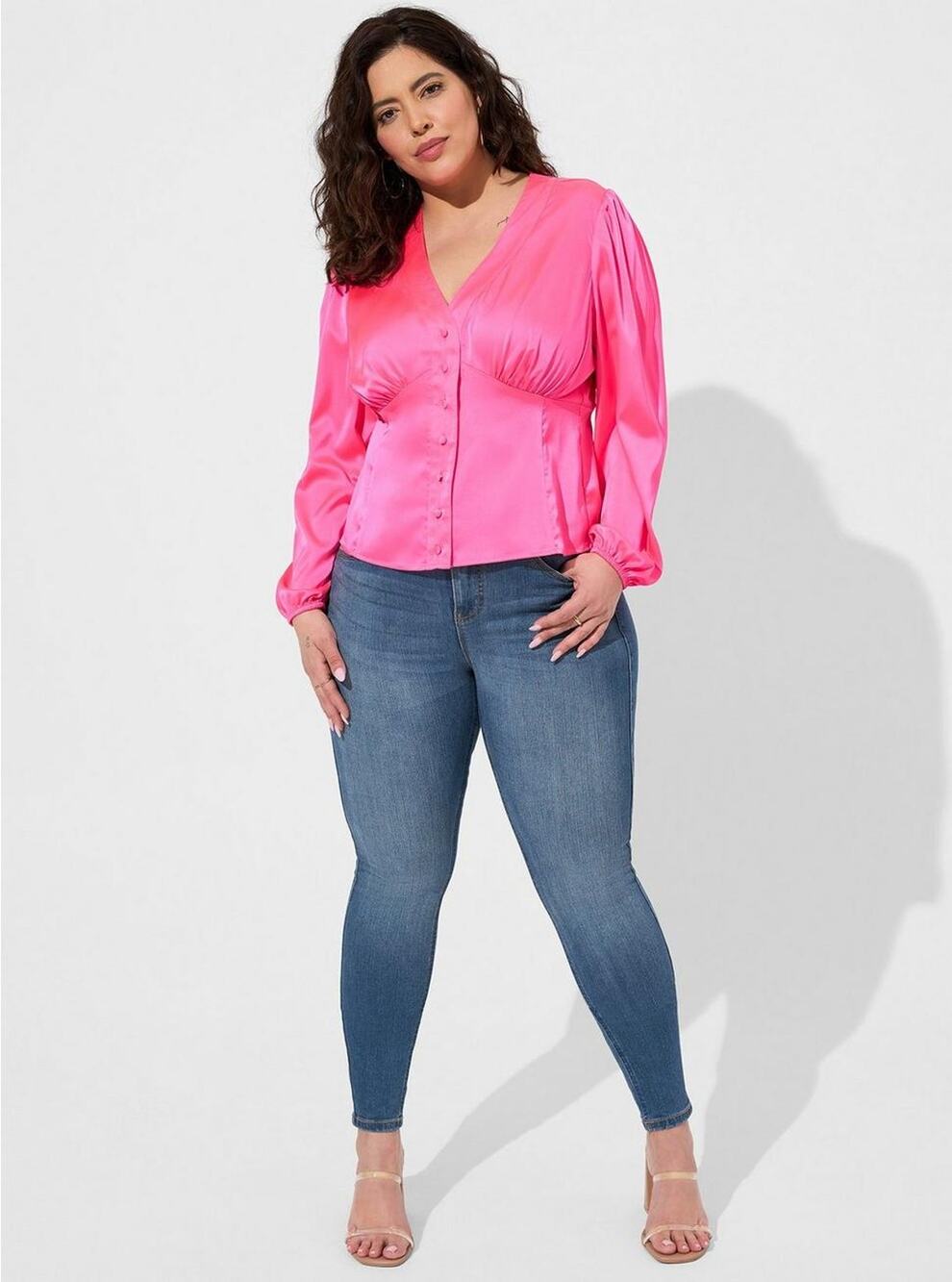 New Torrid Satin Button-Front Top Pink Glo Empire Waist V-Neck Puff Sleeve Sz 3X